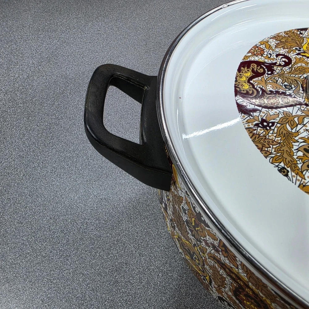 Vintage Fancipans‎ Enamelware Stockpot Set 2pc Brown Gold Paisley Floral 70s